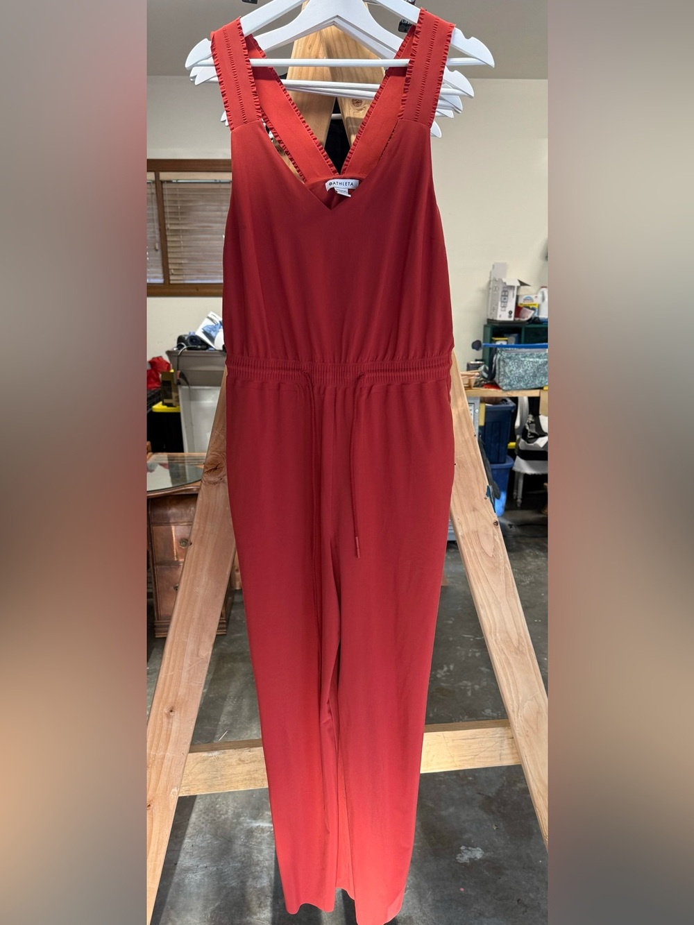 Athleta Brick Red V-Neck Jumpsuit with Drawstring Waist